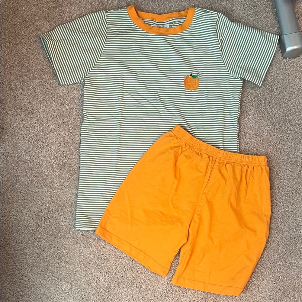 Sage green and cream Striped T-Shirt and Orange Shorts Set